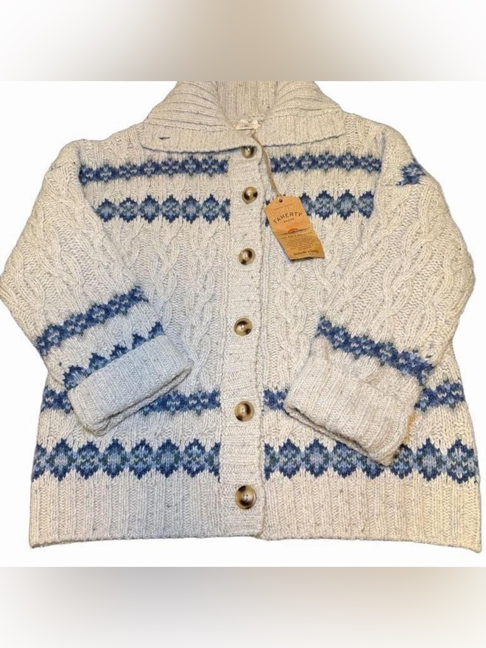 Faherty Cream Cable Knit Cardigan with Blue Fair Isle Accents Womens Oversized